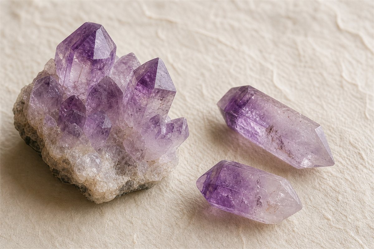 Close view of natural amethyst quartz points with pale lilac and deeper violet color zoning