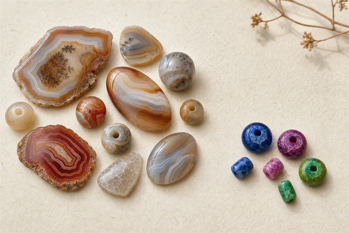 Agate slices in muted natural earth colors beside more saturated treated blue and purple examples