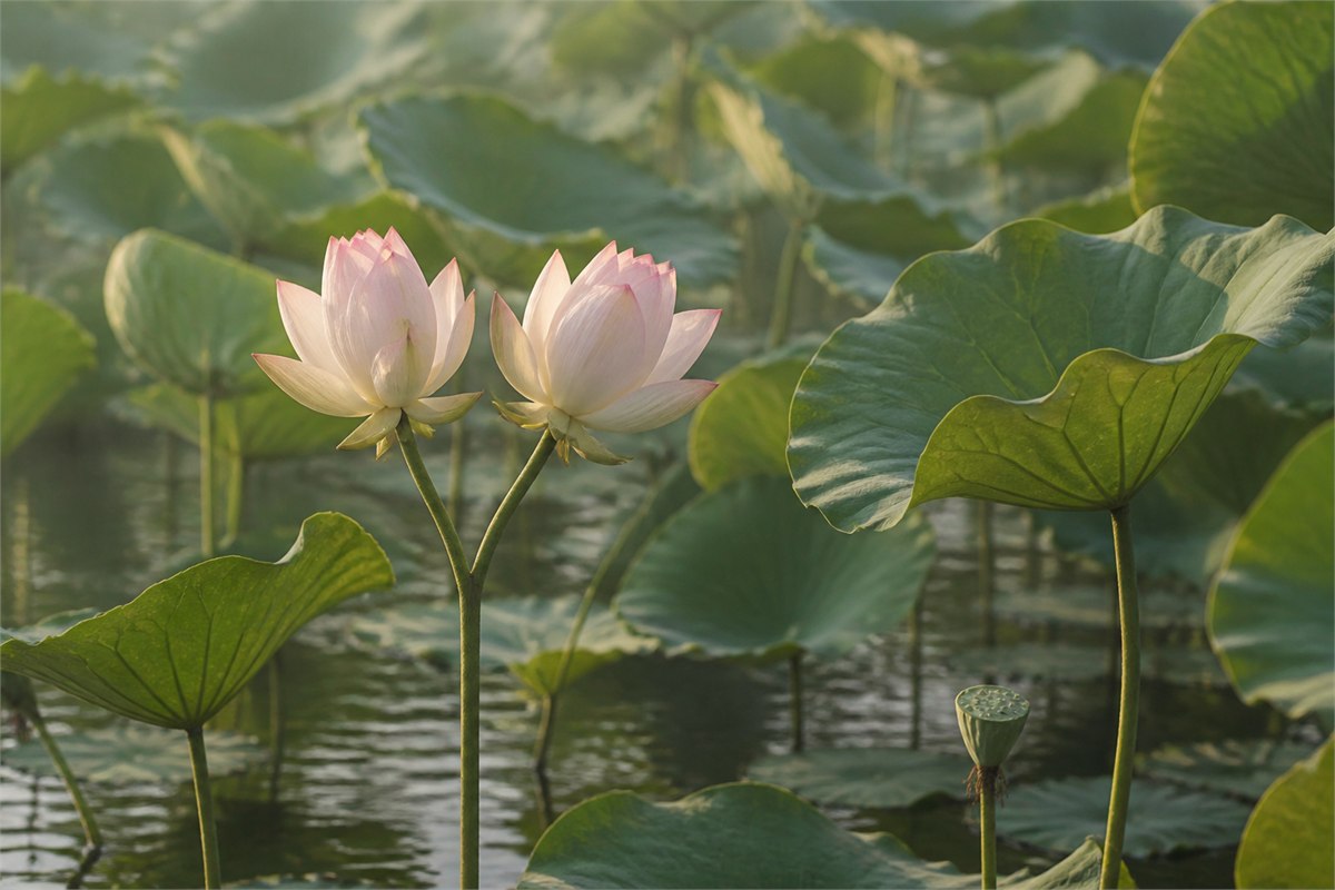 Natural twin lotus flowers rising from one shared stalk among round green lotus leaves