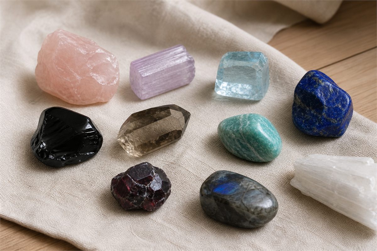 Obsidian, garnet, smoky quartz, rose quartz, kunzite, aquamarine, lapis, amazonite, labradorite, and selenite on linen