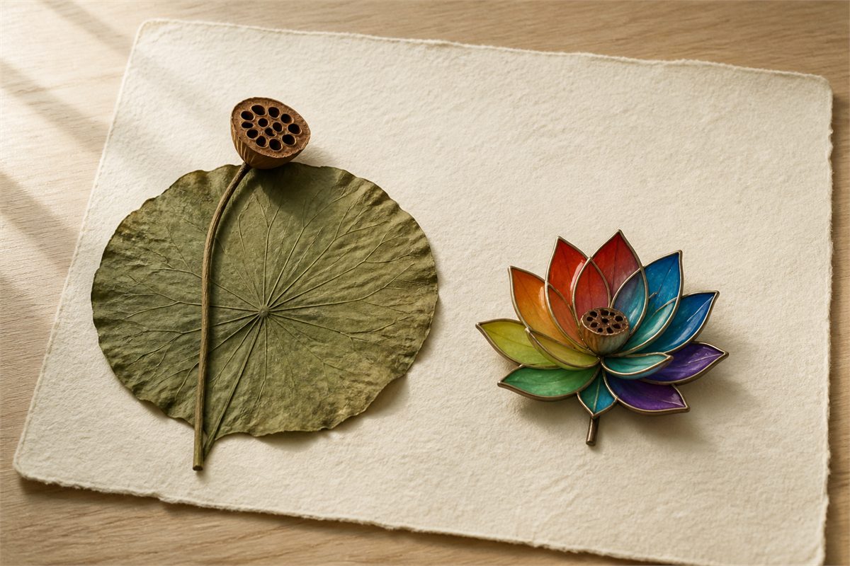 Pressed lotus leaf and seedpod beside a handcrafted rainbow lotus enamel artwork