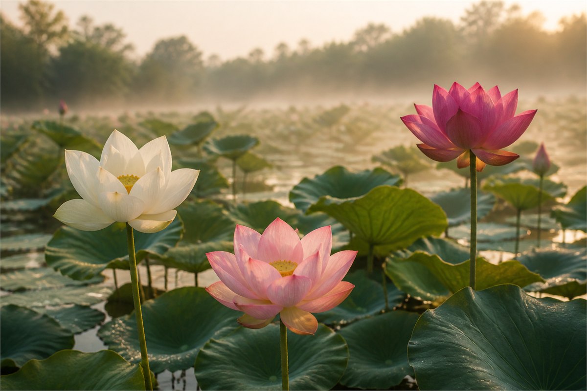 White, pink, and deep rose sacred lotus flowers above round leaves in a calm morning pond