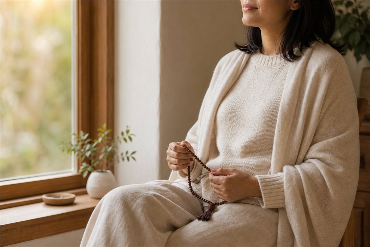 Seated person comfortably holding a wooden mala beside a softly lit window