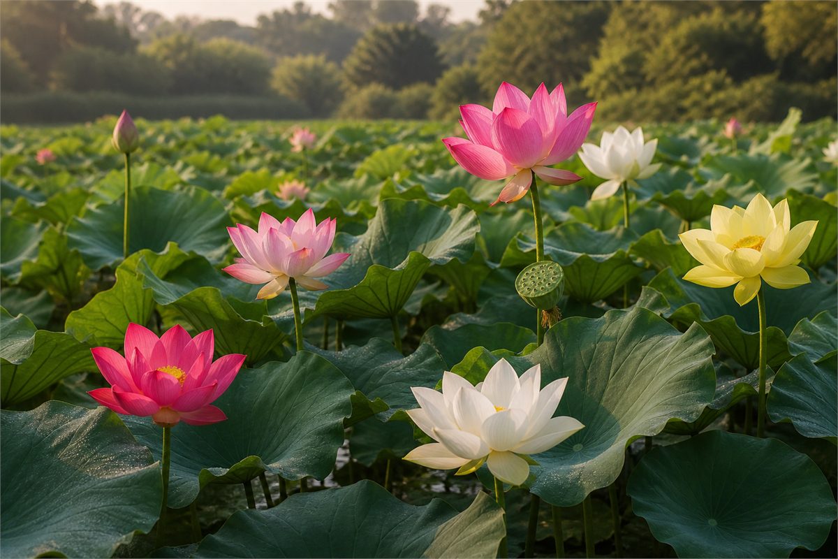 Natural Nelumbo lotus pond with white pink red and yellow flowers rising above the leaves