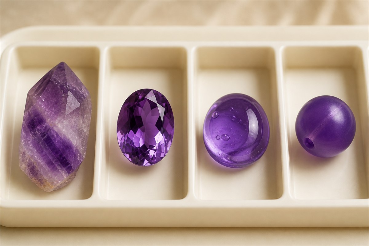 Natural amethyst crystal, clean faceted purple quartz, bubbly purple glass cabochon, and seamed resin bead in separate compartments