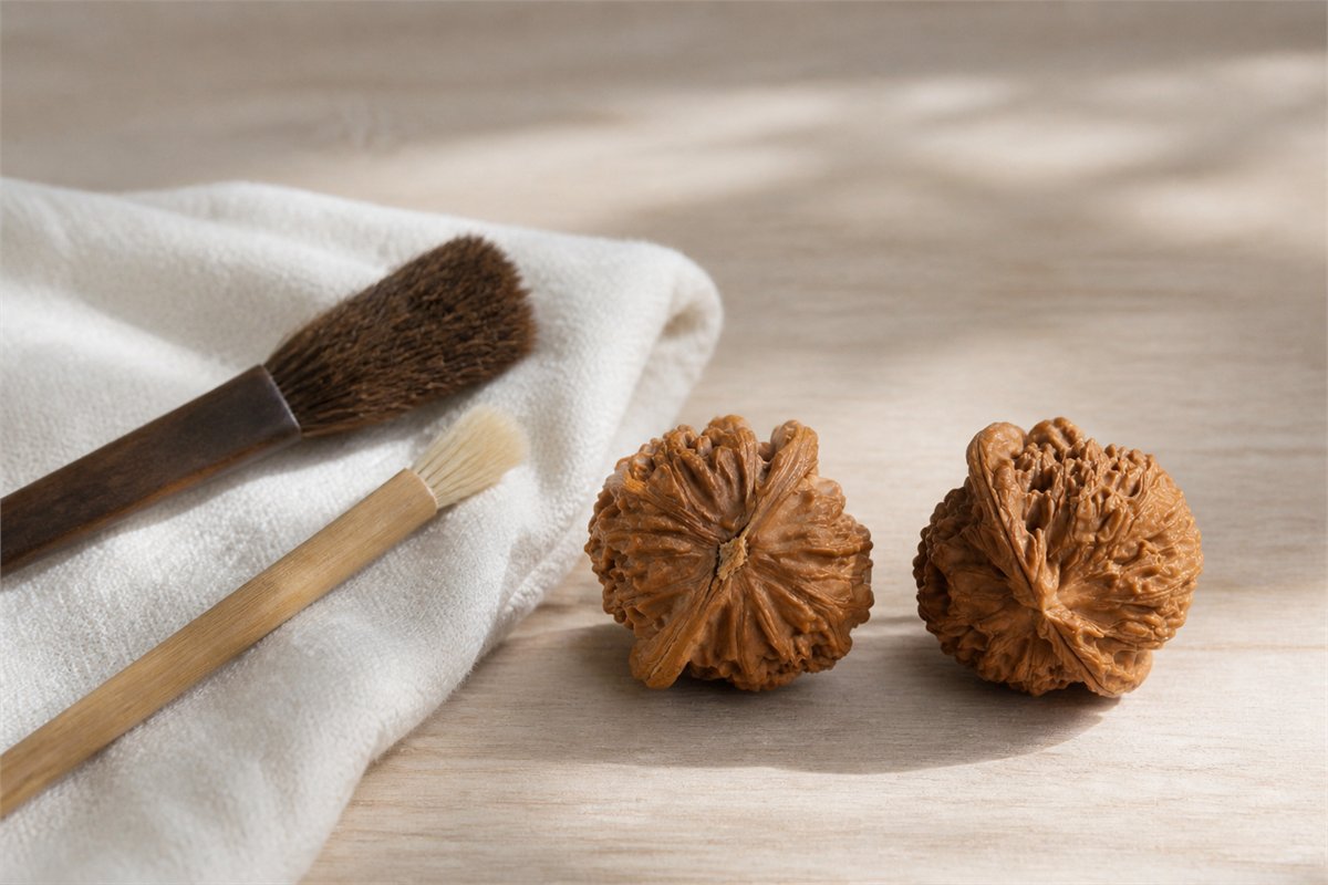 A matched Wenwan walnut pair rests beside a clean cotton cloth and two nonmetal brushes.