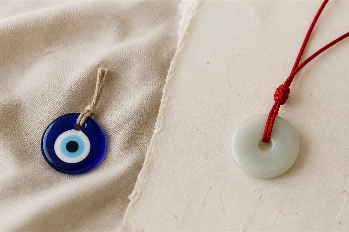 A blue glass nazar bead and a pale jade peace buckle displayed separately on red cord.