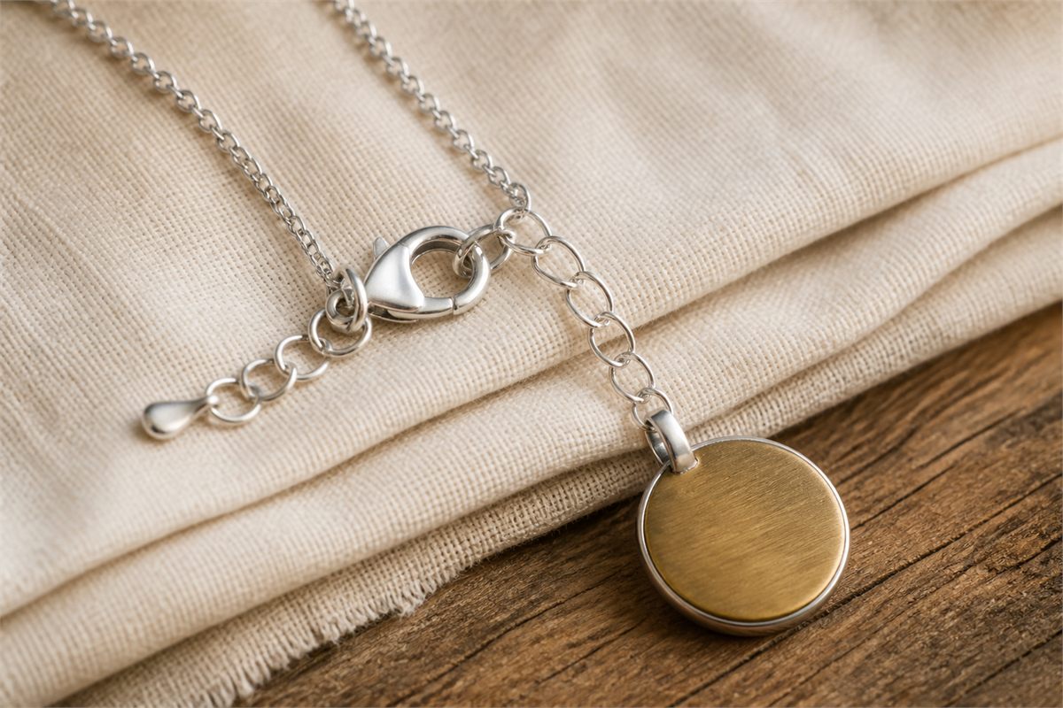Close-up of a lobster clasp, extension chain, jump rings, soldered bail, and smooth pendant edge