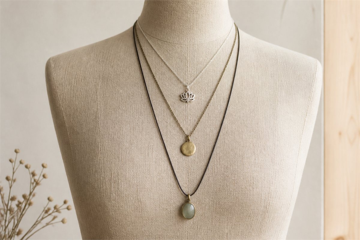 Three necklaces at different lengths on a neutral linen dress form