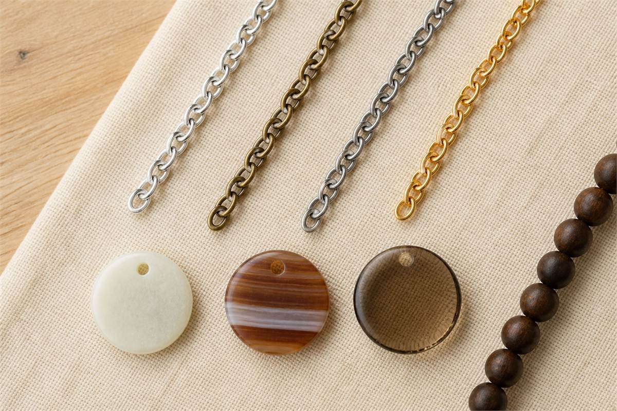 Silver-tone, brass, steel, and gold-plated chain samples with plain nephrite-like, agate, glass, and wood components