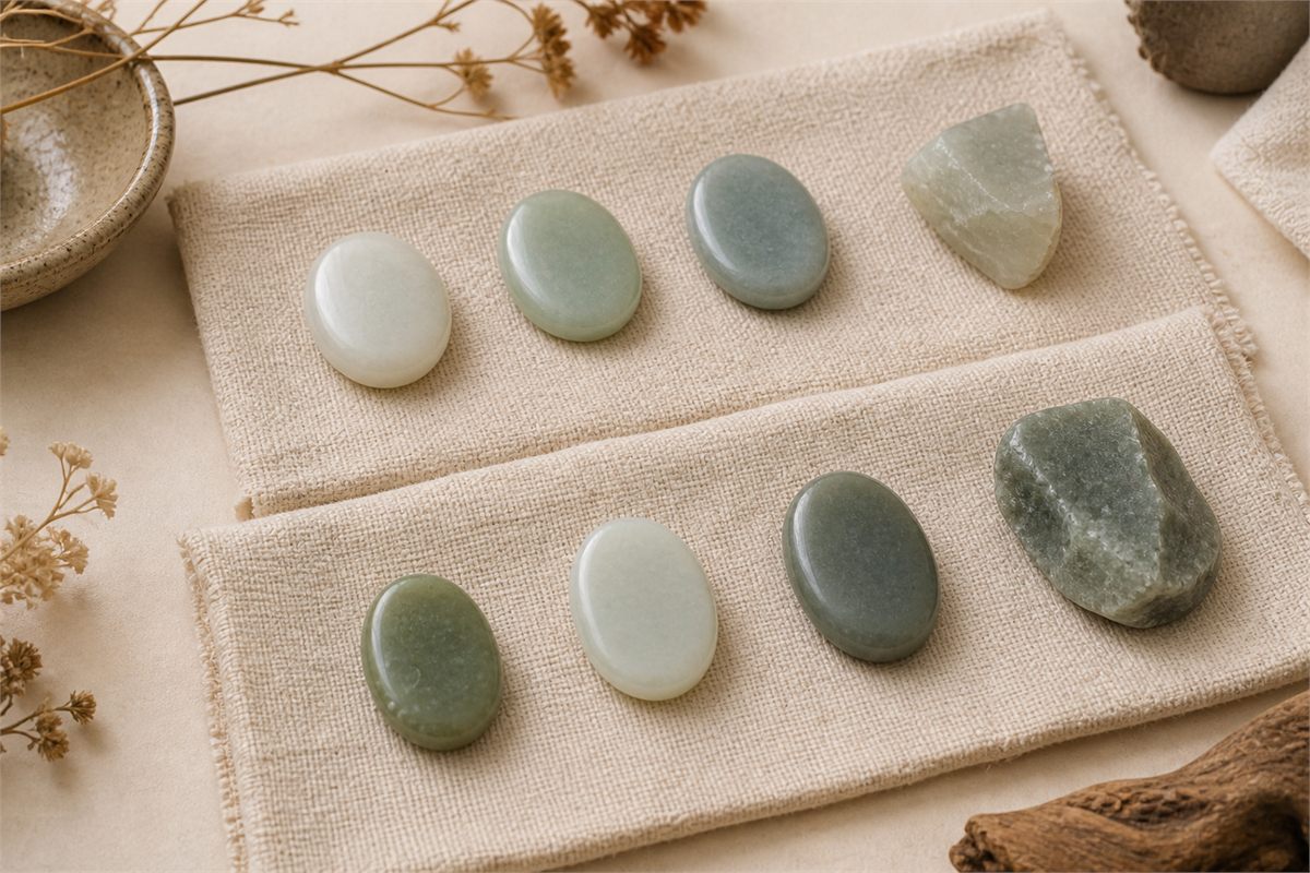 Varied white, celadon, gray-green, and rough nephrite samples arranged on two unmarked linen pads.