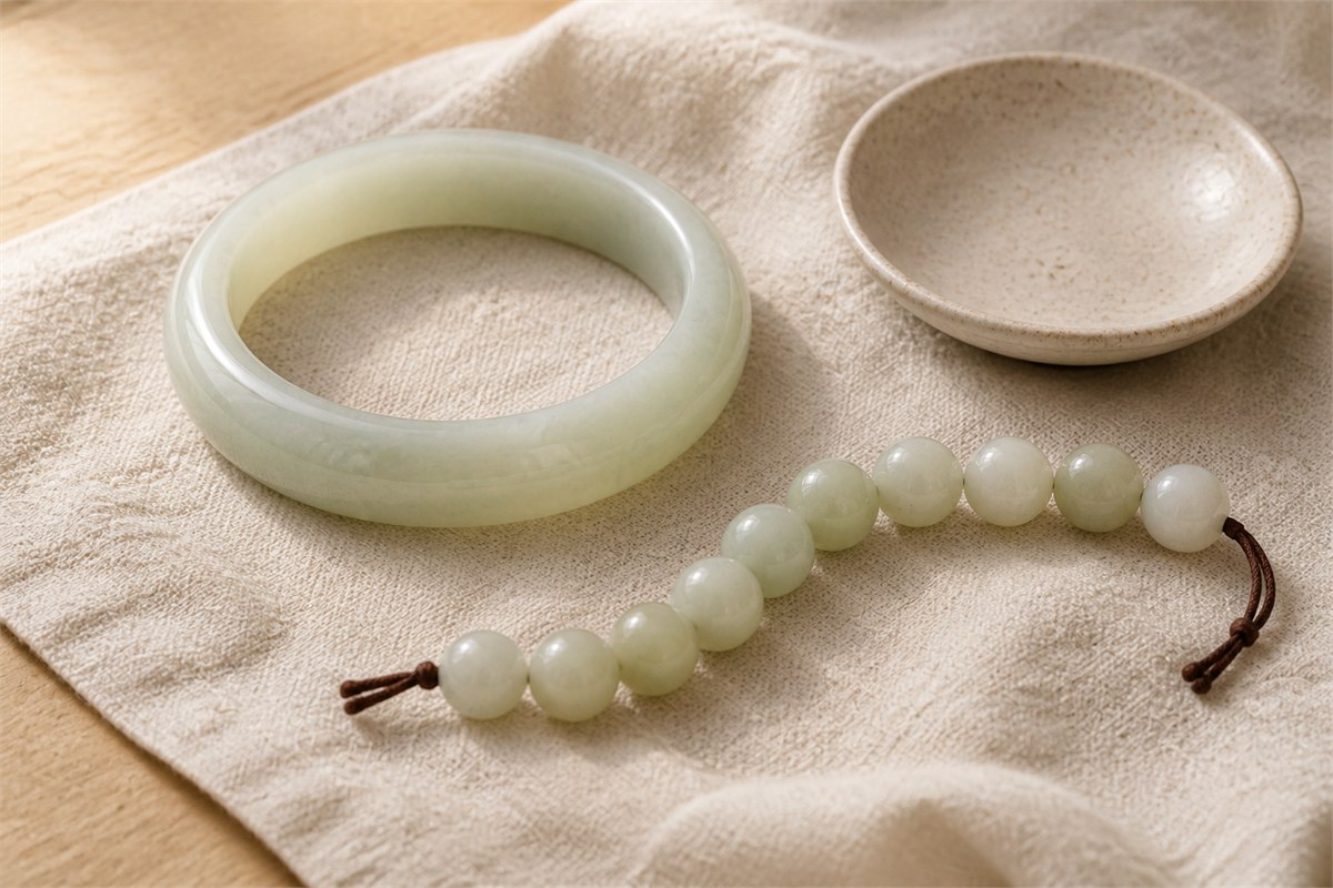 A pale celadon nephrite bangle and a short strand of cream-to-celadon nephrite beads on ivory linen.