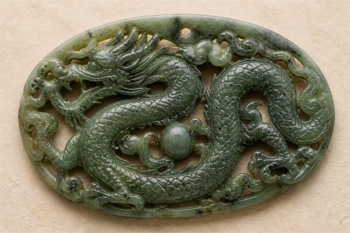 Oval dark green nephrite-style openwork carving of a dragon around a round bead
