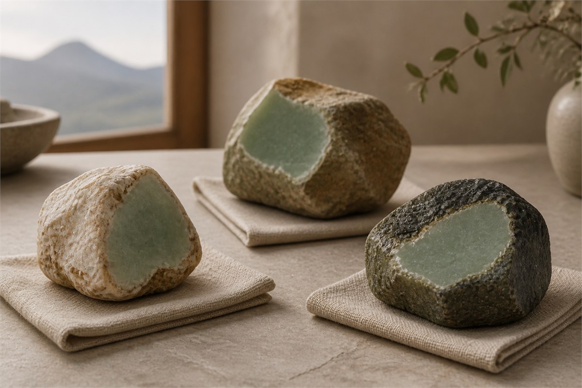 Three unlabelled nephrite-bearing rock specimens with pale green exposed surfaces on neutral linen pads.