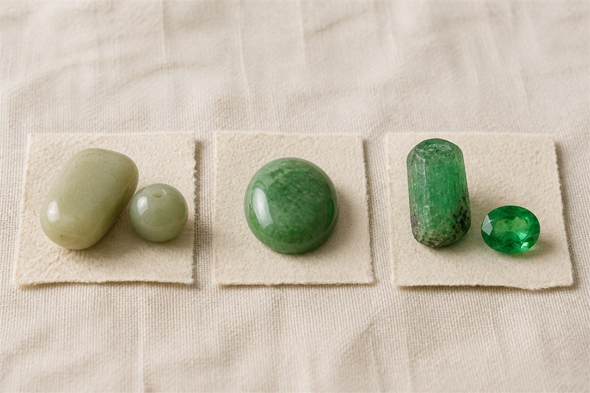Nephrite, jadeite, and emerald specimens displayed in three separate groups