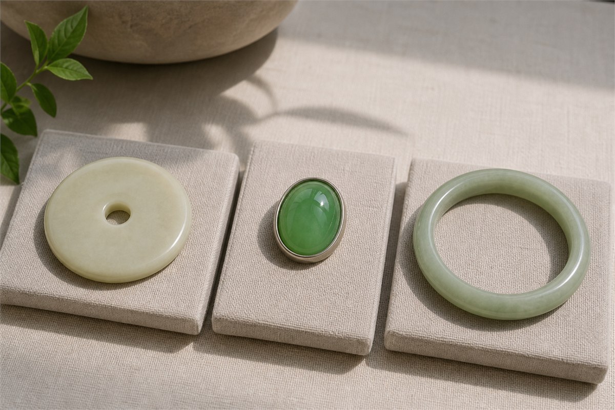 A creamy nephrite disc, green jadeite cabochon, and muted green Xiuyan-style bangle rest on separate cloth pads.