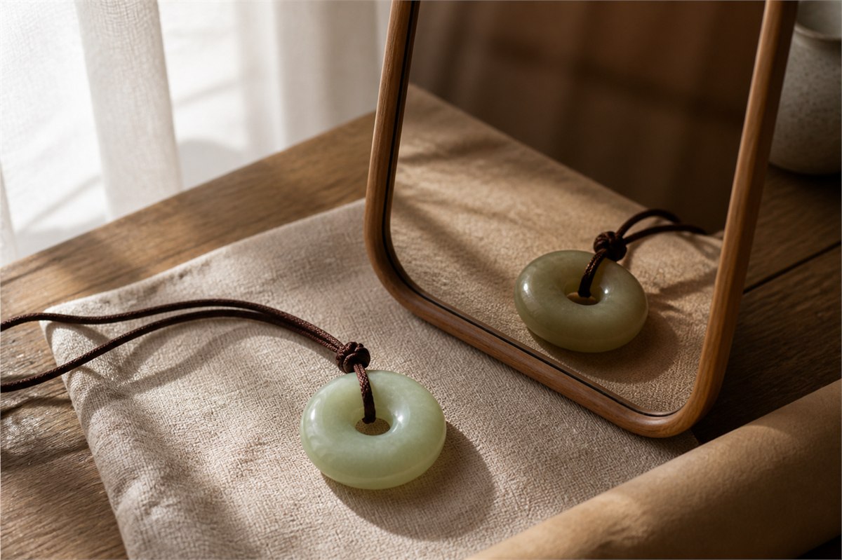 A pale celadon nephrite disc pendant beside its warmer, darker reflection in a wooden mirror.