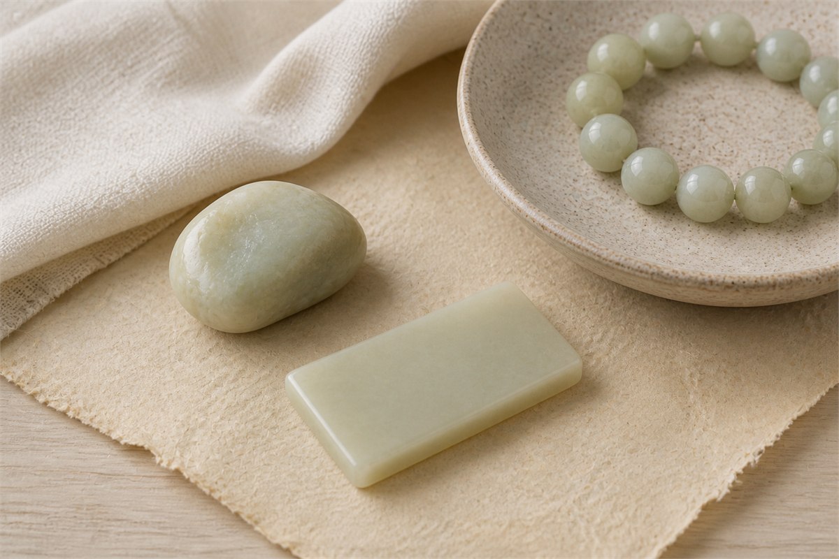 A smooth nephrite cobble, a plain rectangular nephrite plaque, and pale nephrite beads beside ivory linen.