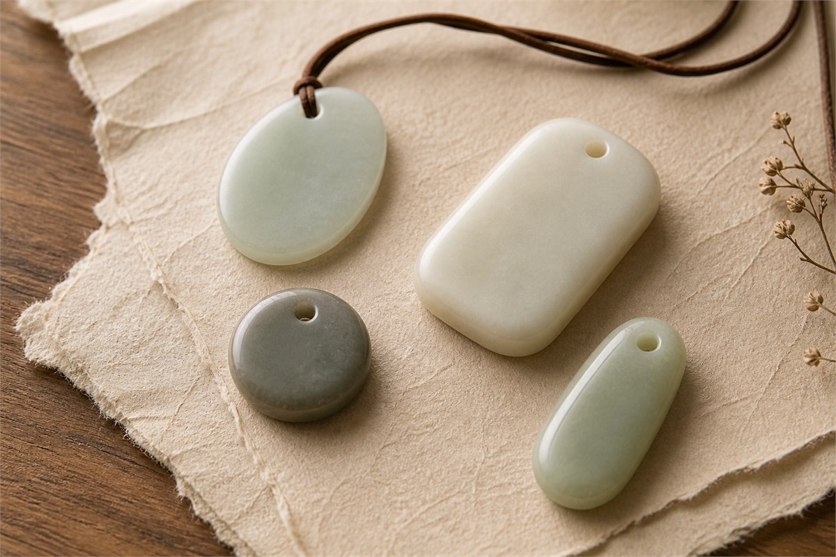 Four plain nephrite pendants and plaques in celadon, creamy white, gray-green, and soft green on handmade paper.