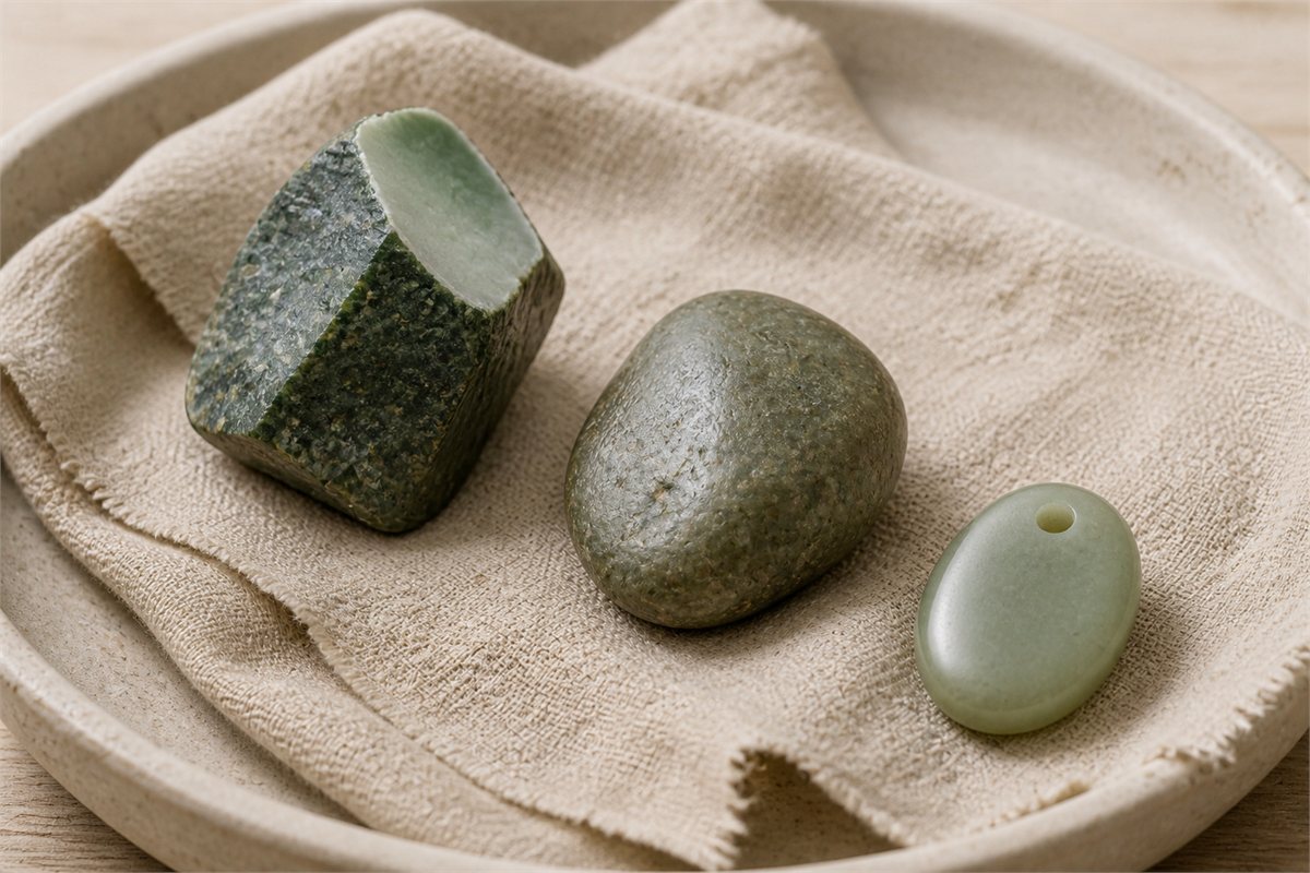 An angular nephrite-bearing stone, a rounded gray-green cobble, and a plain polished nephrite pendant on linen.