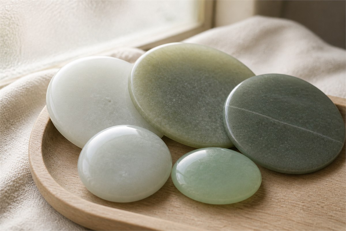 Overlapping white, celadon, and gray-green polished nephrite pieces showing soft clouding and a faint internal line.