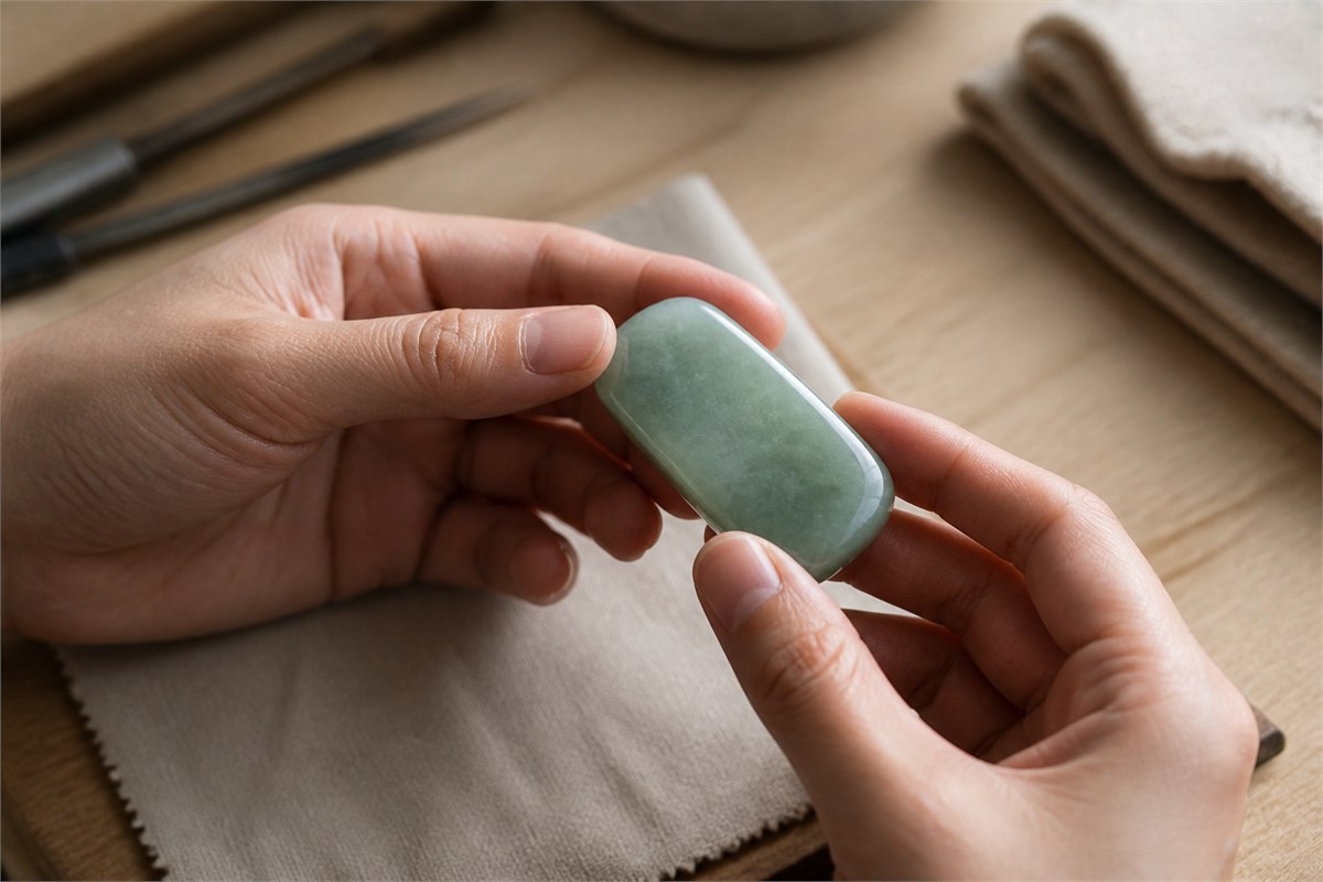 Two hands inspect the polished edges of a plain green nephrite plaque at a quiet craft table.