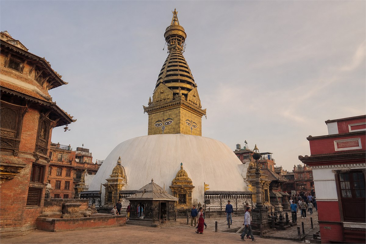 Newar-style Kathmandu Valley stupa with Buddha eyes on the square harmika