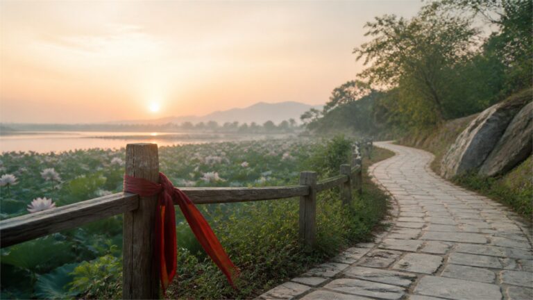 Stone path beside a lotus pond at sunrise with a red ribbon tied to a wooden rail