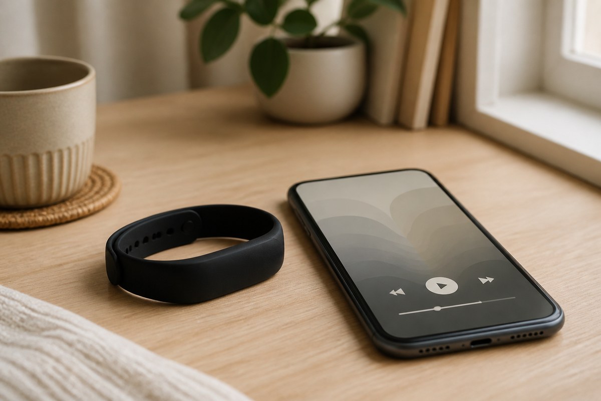 Plain black NFC bracelet beside a phone with an abstract audio player and no personal information