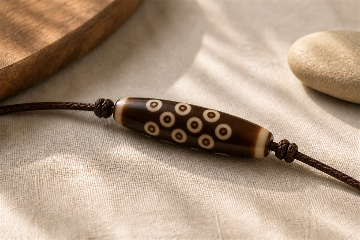 Modern etched-agate nine-eye Dzi bead on a dark brown cord beside warm linen