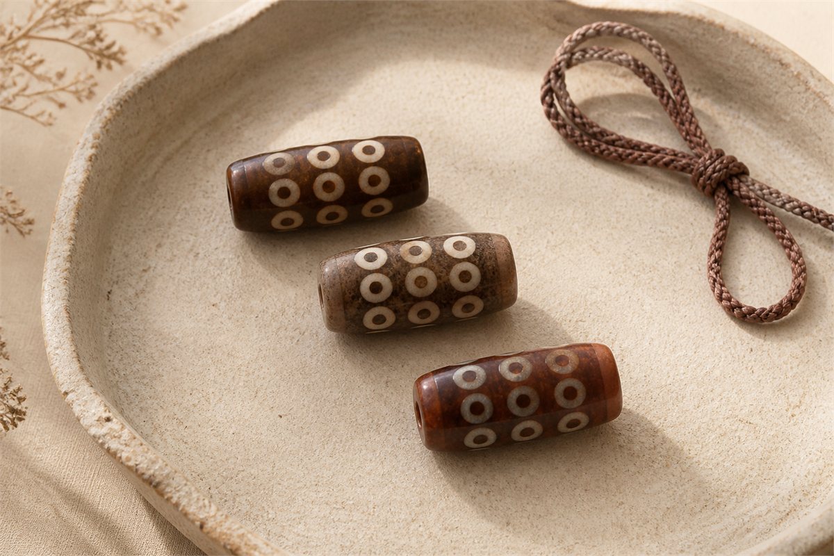 Three modern nine-eye Dzi beads in different brown tones on a warm neutral tray
