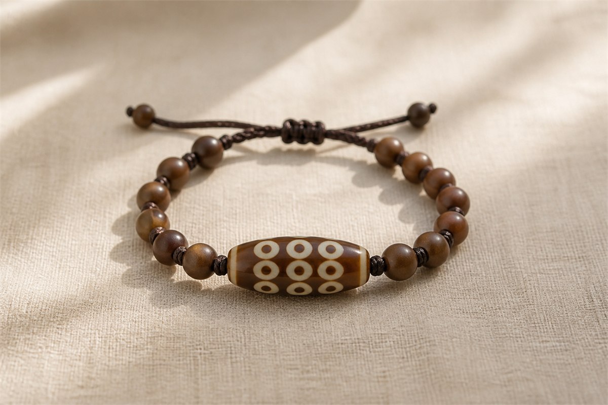 Nine-eye Dzi bracelet with secure cord knots and plain companion beads
