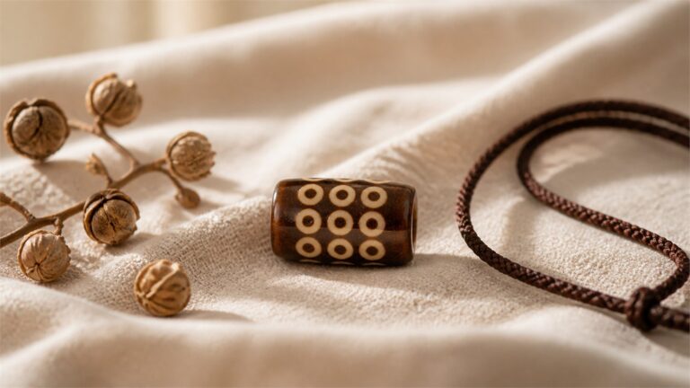 Modern nine-eye Dzi bead on warm ivory linen with seed pods and brown cord