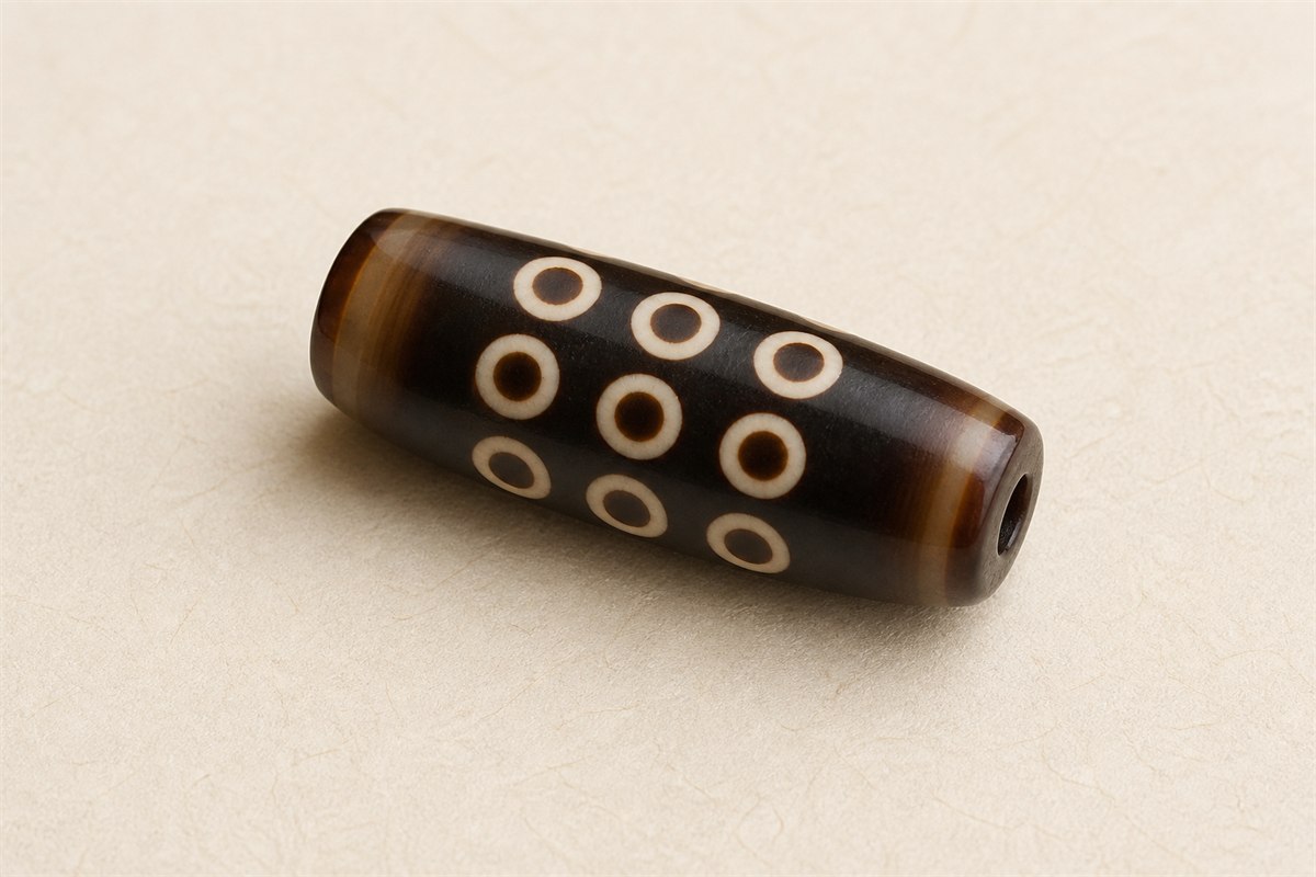 Modern cylindrical Dzi bead showing nine complete eye motifs in an angled view