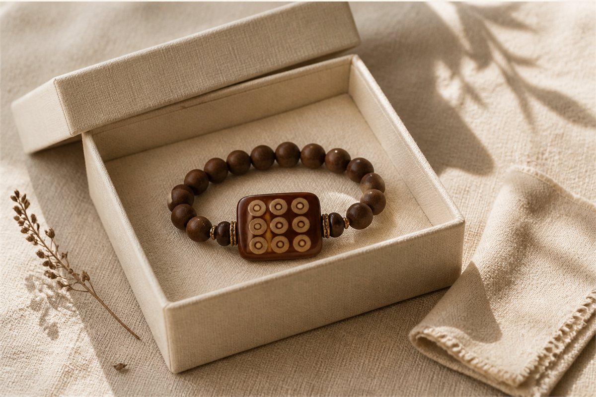 Nine-eye Dzi bracelet in an open cream gift box beside a soft care cloth