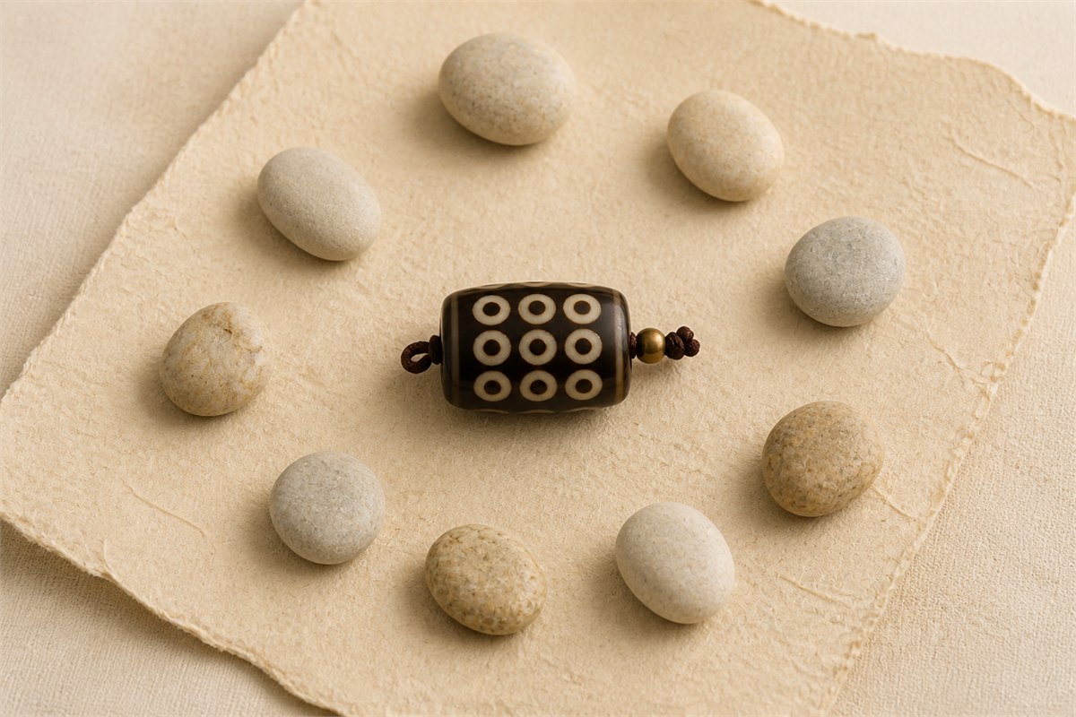 Modern nine-eye Dzi bead with nine pale stones on warm handmade paper