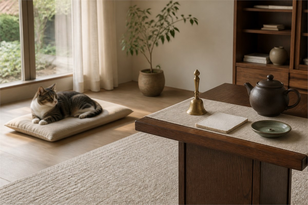 Brass bell, blank intention cards, closed teapot and empty incense holder on a table with a cat resting several feet away