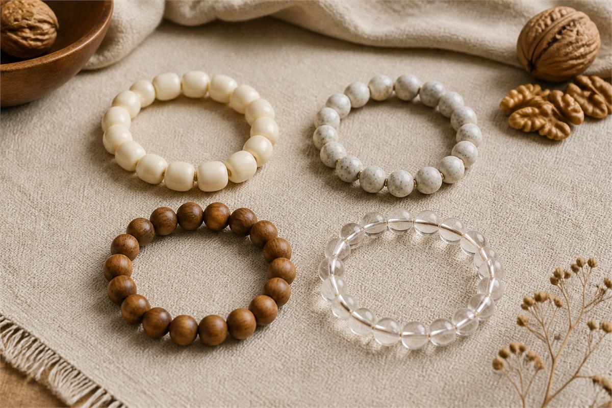 Separate pale resin, ceramic, wood, and clear glass bead bracelets on neutral linen