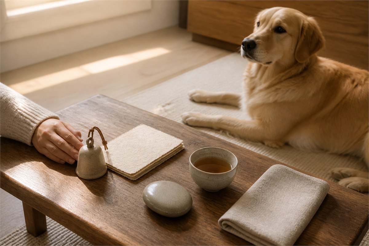 Ceramic bell, handmade paper, tea, linen, and stone beside a resting dog