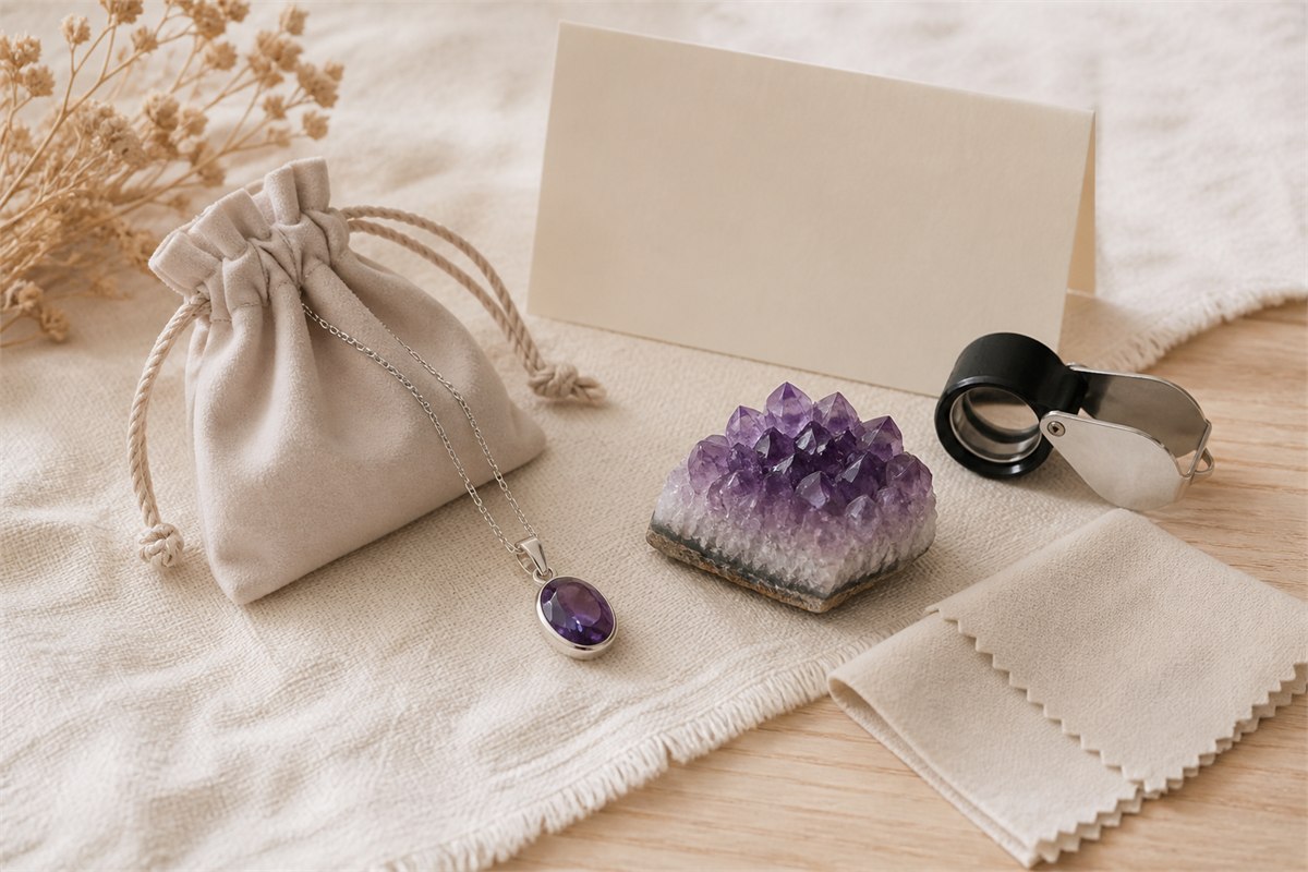 Intact amethyst pendant and cluster resting beside a loupe, soft pouch, care cloth, and neutral card