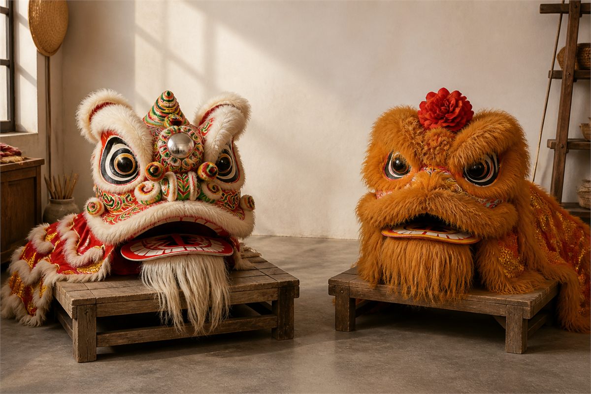 Distinct Northern and Southern Chinese lion dance costume heads displayed on separate workshop platforms