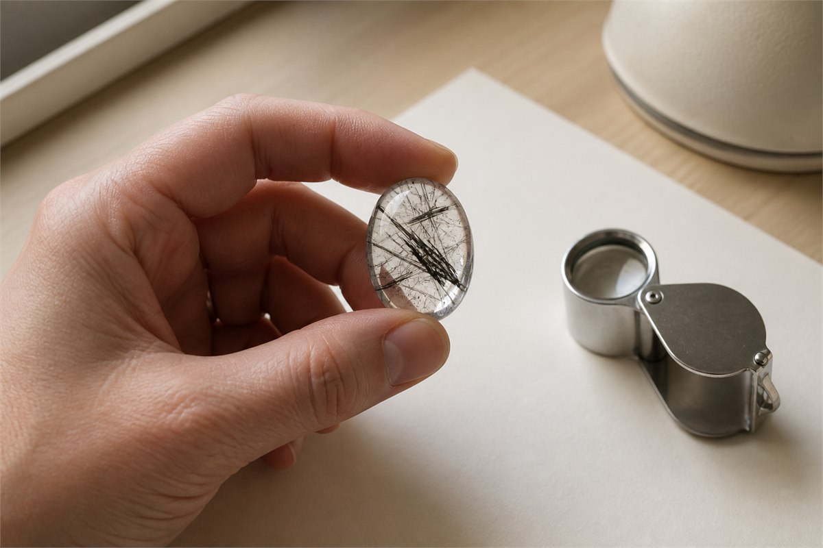 A hand rotates a transparent needle-included quartz cabochon beside a metal jeweler's loupe in soft neutral light.