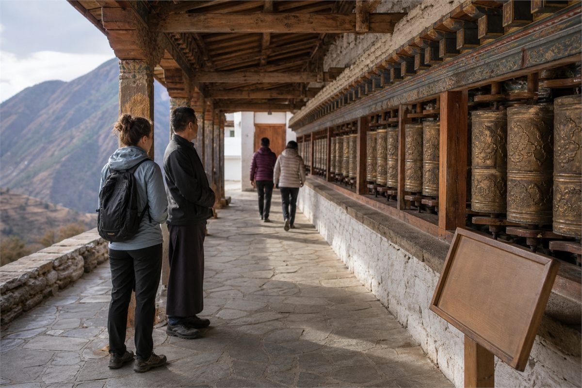 Visitor and staff member observing the established flow along a monastery prayer-wheel path