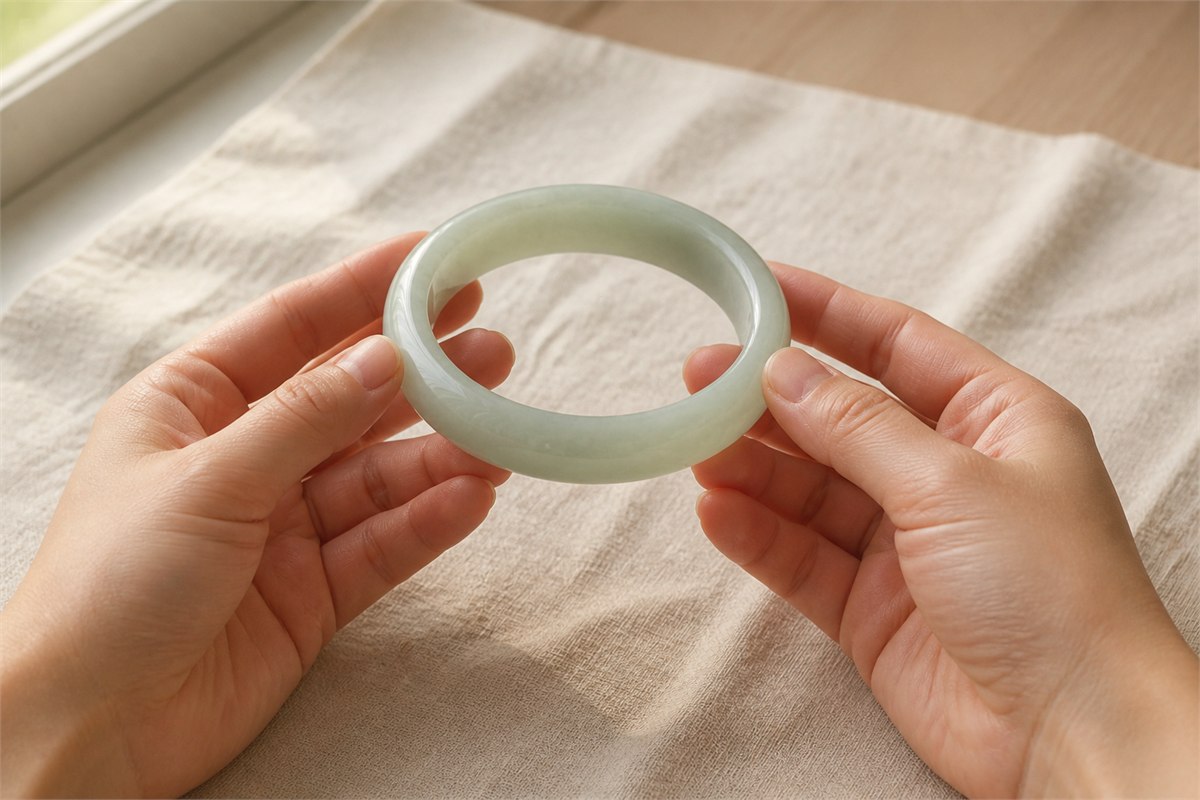 Two hands hold a plain pale celadon nephrite bangle over cream linen in window light.