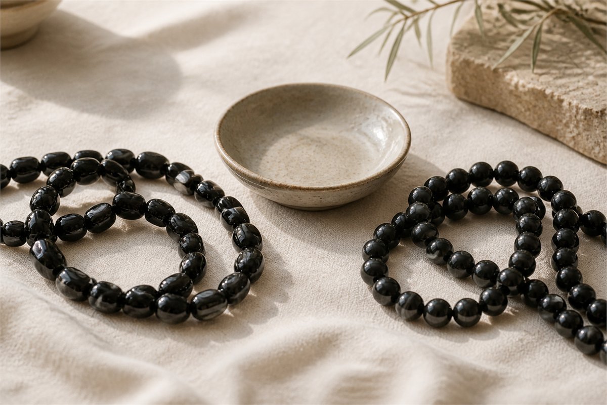 Glossy irregular obsidian beads and smooth round black onyx beads arranged separately on ivory linen