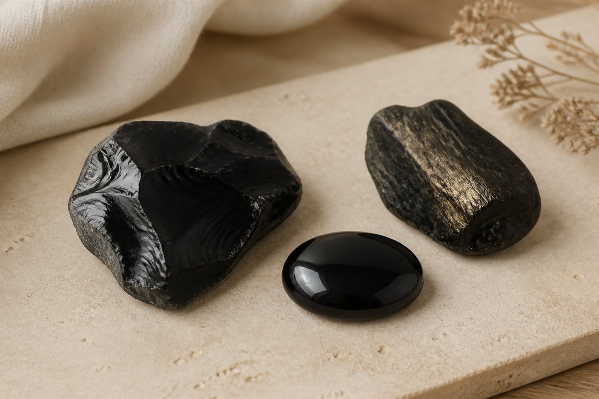 Glossy black obsidian cabochon, bead, and rough volcanic glass fragment shown in natural light.