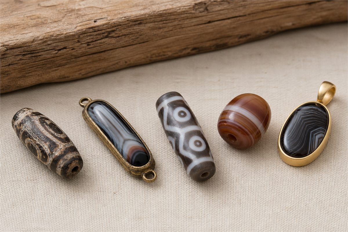 Five bead and jewelry forms representing worn, vintage, modern, naturally banded, and metal-set categories