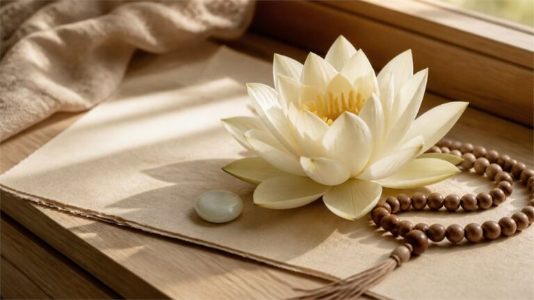 Ivory lotus, pale polished stone, and wooden mala in soft morning light