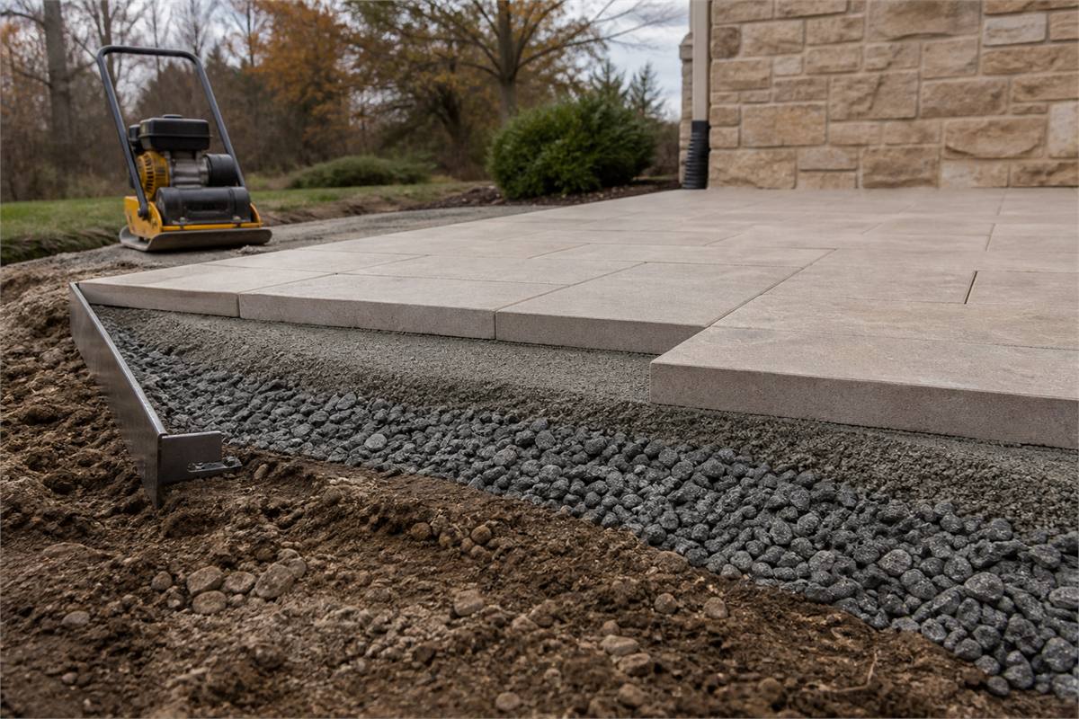 Cutaway view of thick porcelain pavers over bedding aggregate, compacted base, and edge restraint