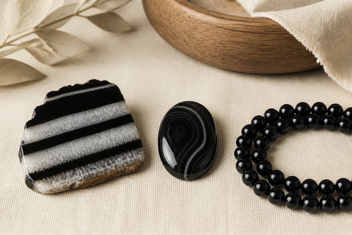 Banded onyx slice, uniform black bead strand, and gray-black chalcedony cabochon displayed as separate examples.